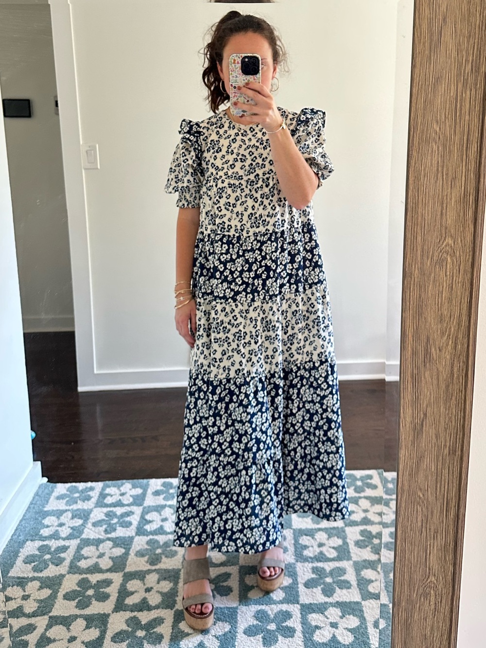 English Factory Blue Floral Puff Sleeve Midi Maxi Dress | Size XS